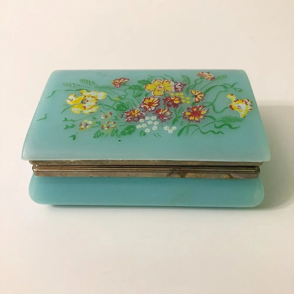 Vintage Trinket Box  Blue Plastic Hong Kong Hinged Floral Case Flaws